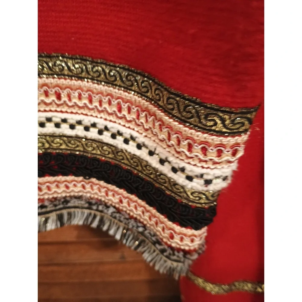 Embellished Cardigan Sweater Chicos Size 2 Red Gold Black Ornate‎ Trim Boho